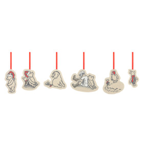 A set of six different plush cream ornaments on red ribbon hangers. They are all images of various Winnie-the-Pooh characters.