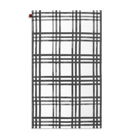 A white and black plaid kitchen towel, displayed laid out flat.