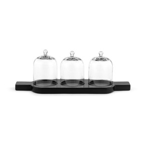 A black wood tray with three spaces for glass cloches.