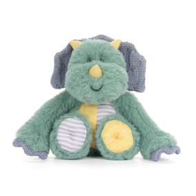 A mini green and yellow plush smiling dinosaur with a knit purple frill and yellow horns displayed sitting.
