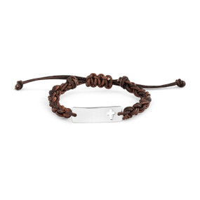 A brown braided cord adjustable bracelet with a silver rectangular charm with a heart shaped cutout.