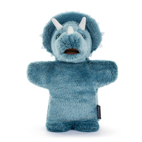 A plush hand puppet of a blue triceratops dinosaur with white horns.