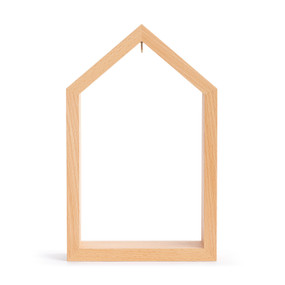 A tall light wood open house shaped frame with a hook in the top to hang a bell inside the frame.