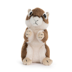 A brown and white plush chipmunk sitting up.