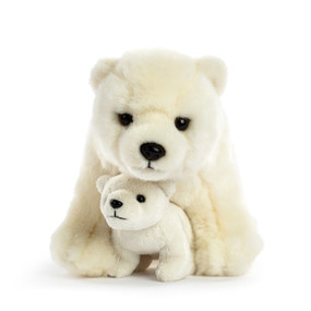 An adult plush standing polar bear with a baby cub cuddled between its front paws.