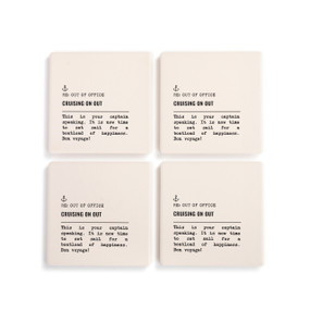 A set of four white ceramic coasters with the saying "RE: Out of Office Cruising on Out" with a short write up about someone going on a boat cruise.