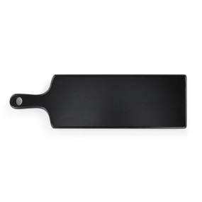 Top down view of a rectangular ebony wood serving board with a hanging handle.