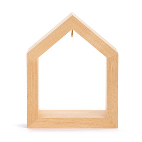 A light wood open house shaped frame with a hook in the top to hang a bell inside the frame.