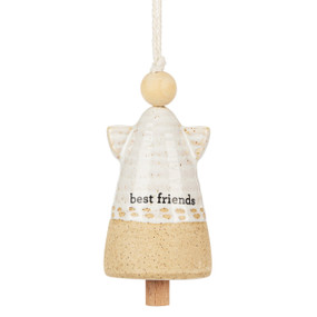 A small cream ceramic angel shaped bell with small wings and a wood bead for the head. The bottom portion is tan with the saying "best friends" at the center.