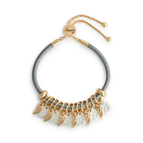 A gray leather adjustable bracelet with 12 charms, 6 with gold angel wings and 6 silver hearts.