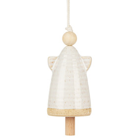 A small cream ceramic angel shaped bell with small wings and a wood bead for the head.