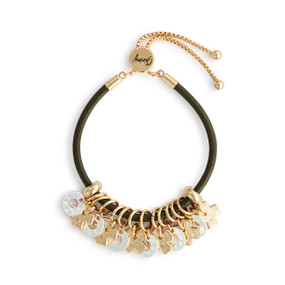 A black leather adjustable bracelet with 12 charms, 6 with gold X's and 6 silver O's.