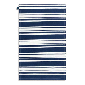 A dark blue and white striped kitchen towel, displayed laid out flat.