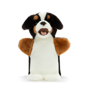 A plush hand puppet of a brown, black and white Bernese Mountain dog puppy.