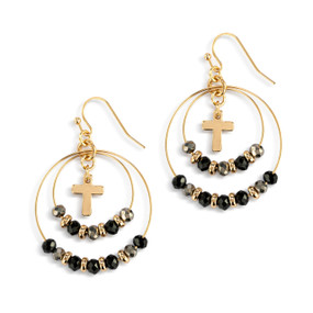 A pair of multi hoop gold earrings with various black beads on the hoops and a gold cross charm in the middle.