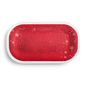 A rectangular melamine red and white platter. The top is red with a swirling white snowflake pattern.