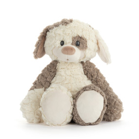 A cream and brown plush puppy.