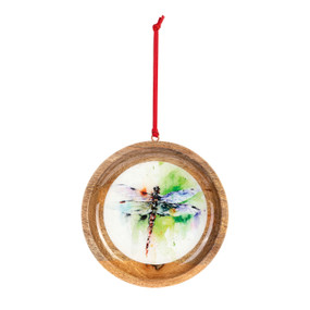 A round wood ornament with a watercolor image of a dragonfly.