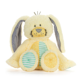 A mini yellow and green plush bunny with knit gray ears, displayed sitting.