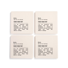 A set of four white ceramic coasters with the saying "RE: Out of Office Family Road Trip" with a short write up about someone on a family vacation.