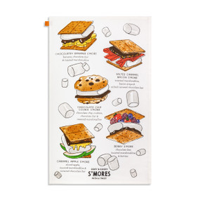 A white kitchen towel with colorful illustrations for different flavors of s'mores.