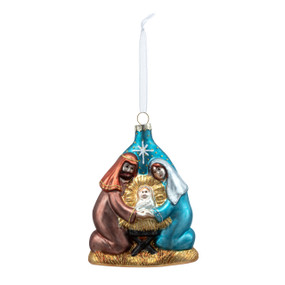 A glass blown ornament of the holy family.