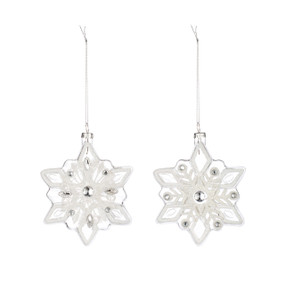 Set of two white and glass snowflake shaped ornaments embellished with beads.