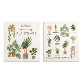 Two biodegradable dish cloths, one has plant illustrations and the saying "Home is where my Plants Are" and the other has illustrations of different house plants.
