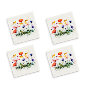 A set of four white cocktail napkins with a watercolor image of colorful wildflowers.
