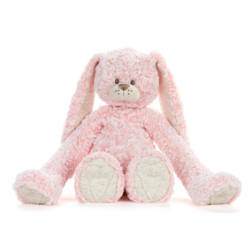 A pink plush bunny with heather nose, ears and paws. The arms are long and weighted for hugging.