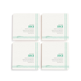A set of four white square coasters with a basic recipe for Gator Juice written in green.