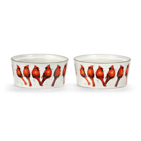 Two white ceramic ramekins with a watercolor image of red cardinals, displayed at a slight angle to show the inner rim for stacking.