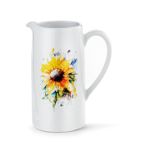 A white ceramic handled pitcher with a watercolor image of a yellow sunflower on the pitcher.