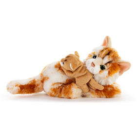 An orange and white plush Maine Coon cat with a small tan baby cat attached to its side.