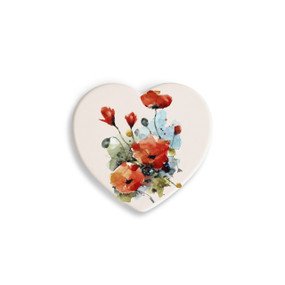 A set of four heart shaped white ceramic coasters with a watercolor image of red poppy flowers.