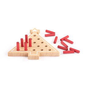 A triangle peg jump game with a Christmas tree shaped wood board and red pegs.
