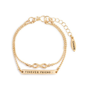 An adjustable gold layered bracelet with a infinite symbol on one layer and a band that says "Forever Friend" on the other.