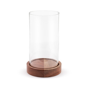 A large round hurricane with a wood base and round open top glass.