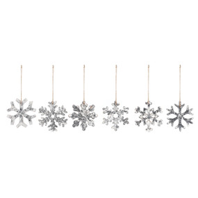 A set of six different snowflake wood ornaments painted silver.