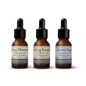 A set of three different essential oils in, chamomile, eucalyptus and sage.