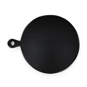 Top down view of a round ebony wood serving board with a short hanging handle.
