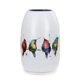 A white ceramic vase with a blue gray interior and watercolor hummingbirds perched on a wire all around the outside.