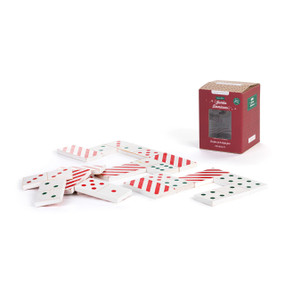 A set of jumbo white wood holiday dominoes with red and green dots on one side and a red and white stripe on the reverse, displayed next to a red packaging box.