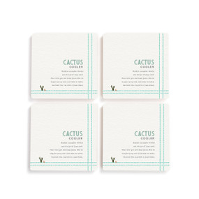 A set of four white square coasters with a basic recipe for a Cactus Cooler written in green.