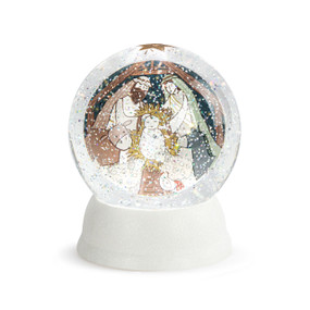 A white round snow globe with the image of the Holy Family and some barn animals with a star painted at the top of the globe.