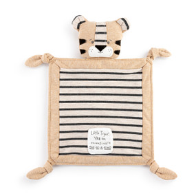 A tan striped fabric blankie with the head of a tiger and has a white fabric tag that says "Little Tiger You are amazing One of a Kind".