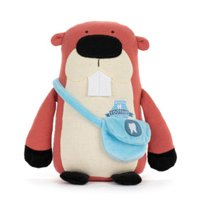 A plush standing brown, cream and black beaver with large white teeth wearing a light blue bag to hold a lost tooth.