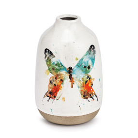 A white ceramic vase with a tan textured base. There is a watercolor image of an orange and green butterfly on it.