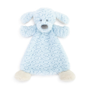 A light blue blankie with the head and floppy ears of a dog and large cream feet.