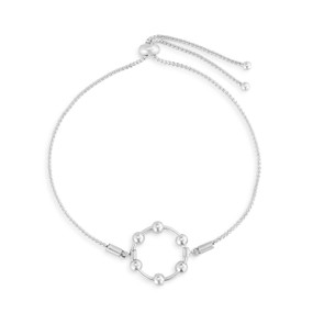An adjustable silver chain bracelet with a round silver charm with six silver beads on it that move.